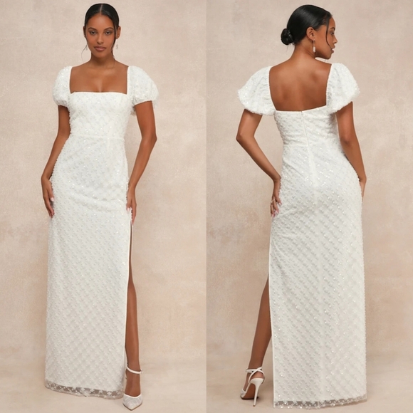 Lulus Incredible Glamour White Sequin Puff Sleeve Column Maxi Dress M Wedding - Picture 1 of 12
